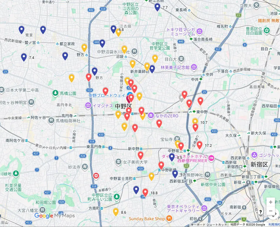 中野区GoogleMap地価公示上昇率プロットイメージ