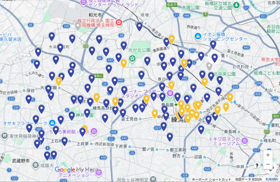 練馬区GoogleMap地価公示上昇率プロットイメージ