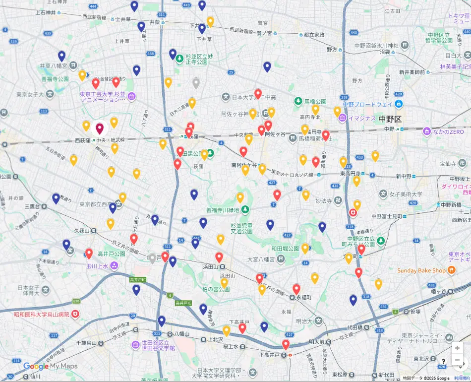 杉並区GoogleMap地価公示上昇率プロットイメージ
