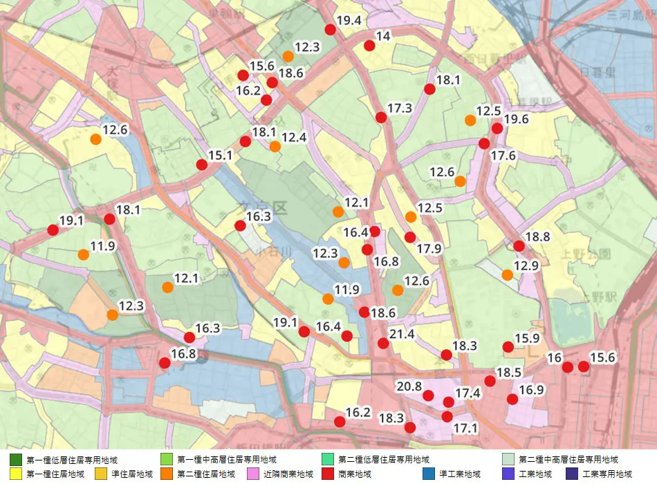 文京区地価公示上昇率および用途地域QGISマップ