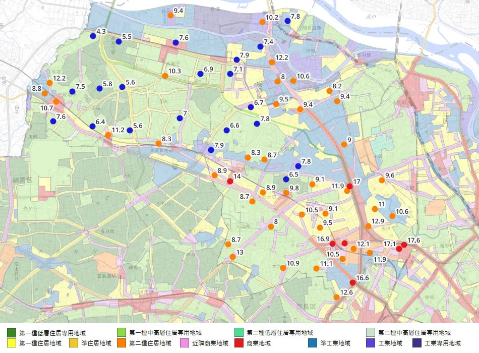 QGISマップ①：板橋区の用途地域（工業・準工業地域と商業地）