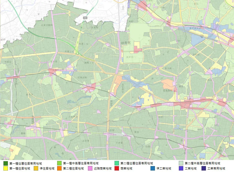 QGISマップ②：練馬区の用途地域と緑地（第一種低層住居専用地域・公園・農地）