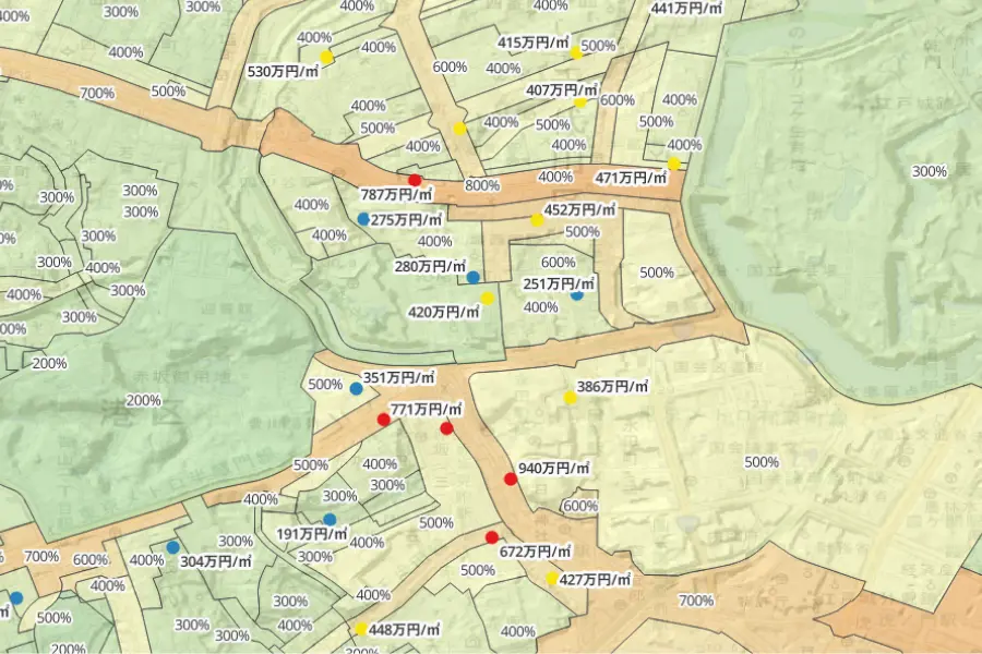 QGISマップ①：QGIS容積率データと地価公示の重ね合わせ地図