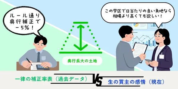 奥行長大の土地における一律の補正率表VS生の買主の感情