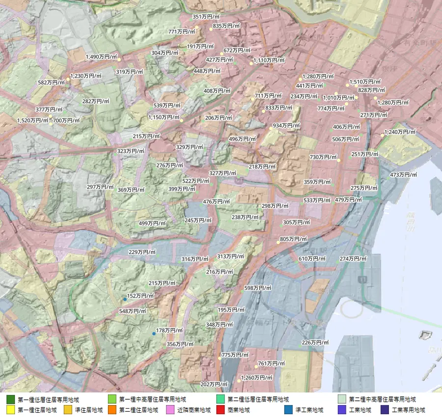 QGISで作成した港区の標高データと地価公示・用途地域マップ