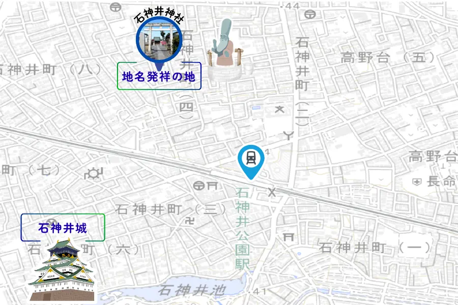 QGIS分析マップ：石神井公園駅北口の石神井神社と石神井城
